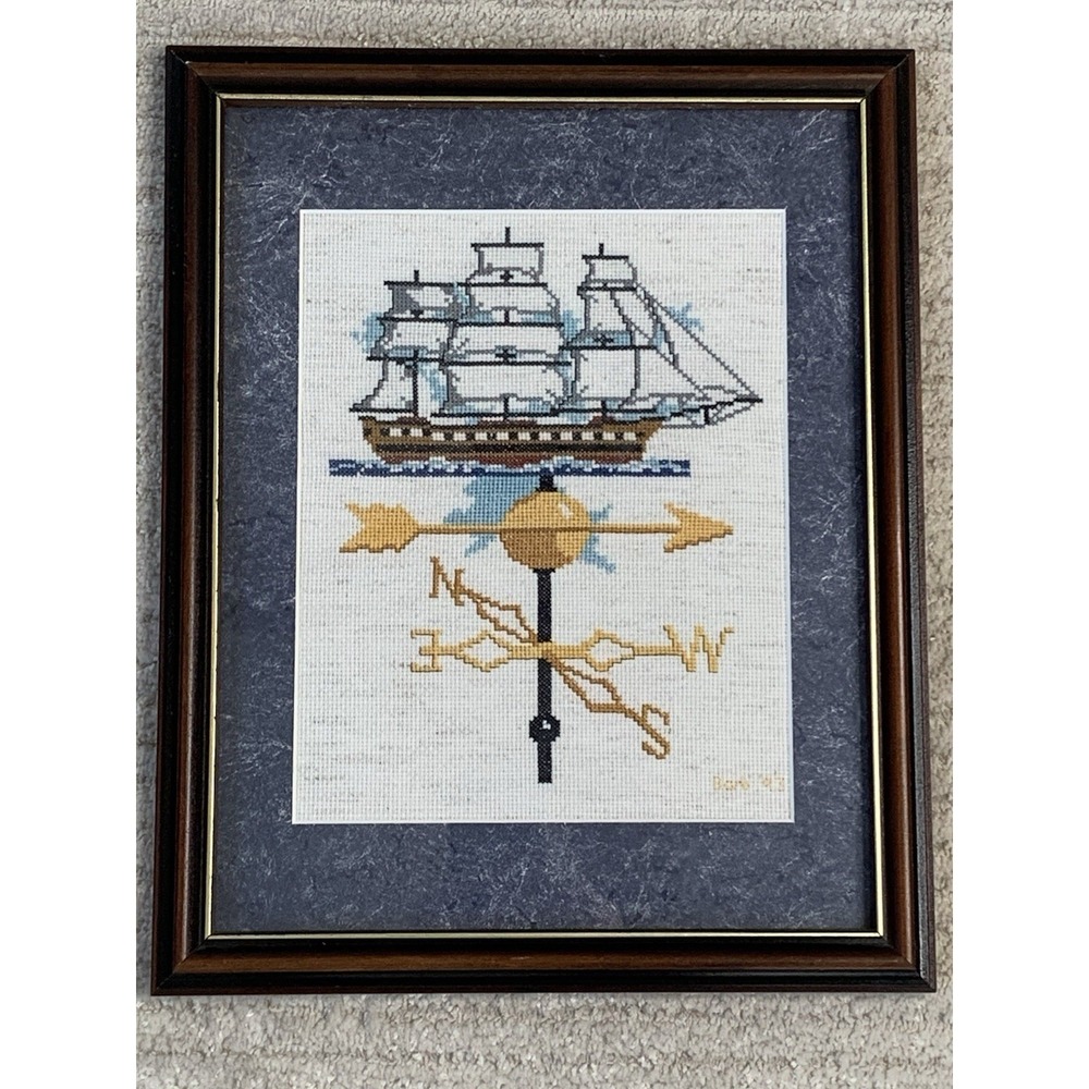 Vintage Cross Stitched Ocean Sailboat At Sea Compass Rose Framed Matted Artwork